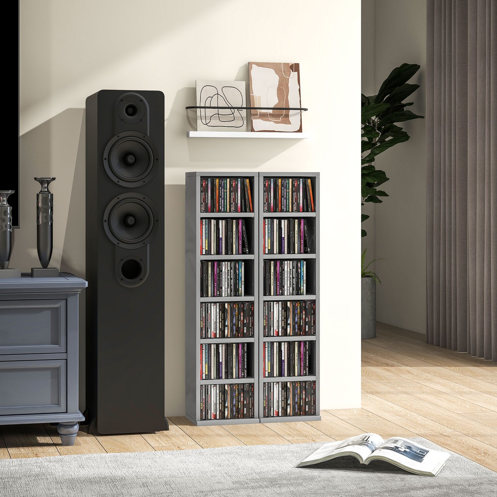 HOMCOM Set of 2 CD Media Display Shelf Unit Tower Rack with Adjustable Shelves, High Gloss Grey - Image 2