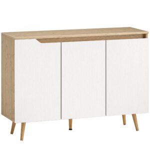 HOMCOM Sideboard Storage Cabinet, Kitchen Cupboard with 3 Doors, 2 Adjustable Shelves and 5 Rubberwood Legs, White and Oak