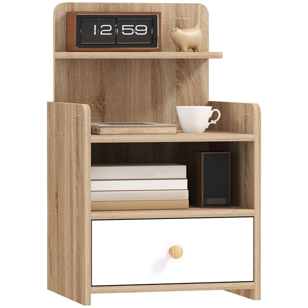 HOMCOM Multi-Storage Bedside Table – White/Wood-Effect HOMCOM Multi-Storage Bedside Table – White/Wood-Effect