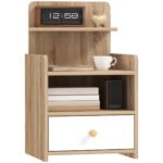 HOMCOM Multi-Storage Bedside Table – White/Wood-Effect HOMCOM Multi-Storage Bedside Table – White/Wood-Effect