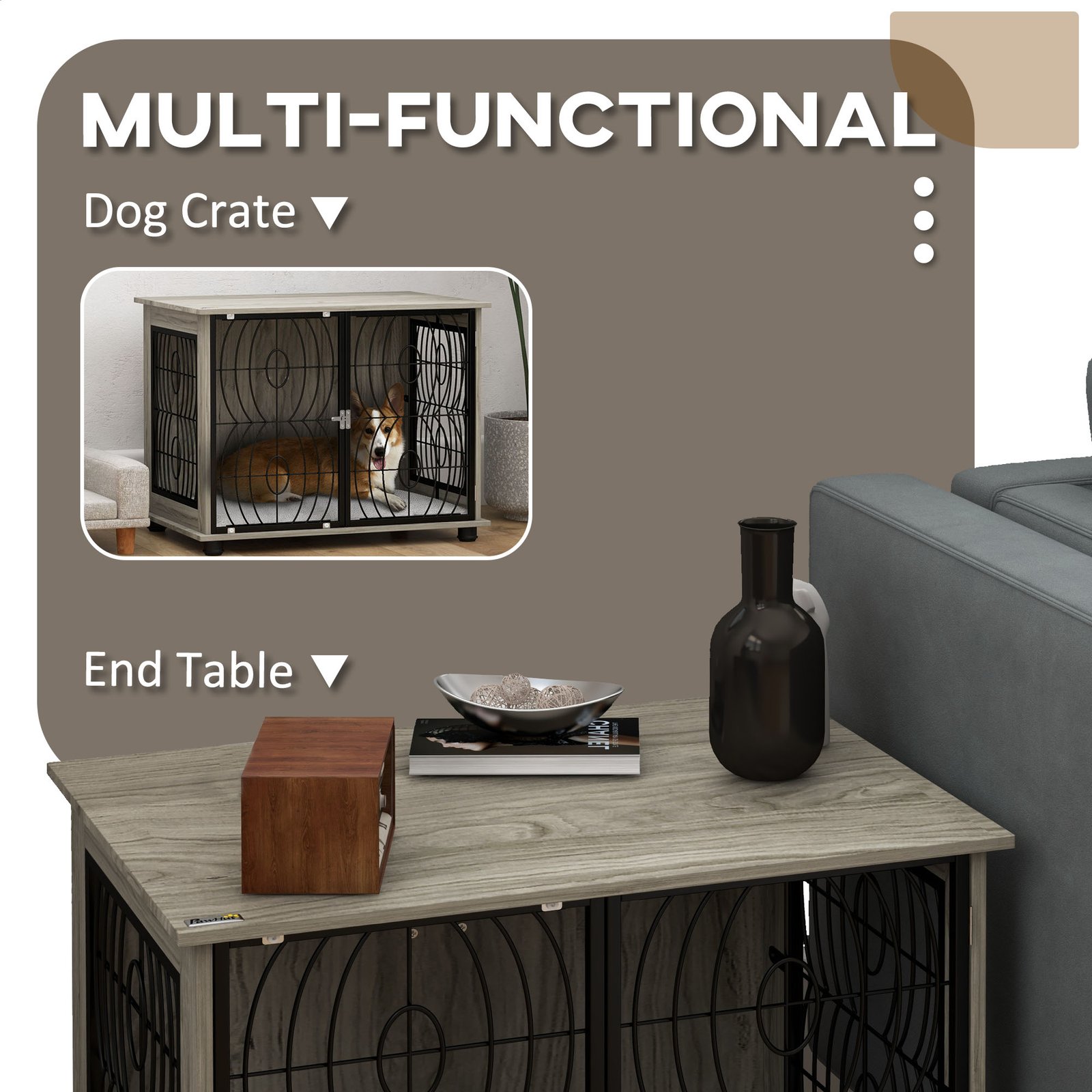 PawHut Indoor Dog Crate Furniture End Table w/ Plush Washable Cushion, Lockable Door, for Medium Dogs - Image 5