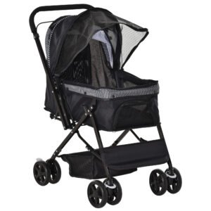 PawHut Pet Stroller Pushchair Foldable Travel Dog Cat Carriage w/ Reversible Handle Brake Basket