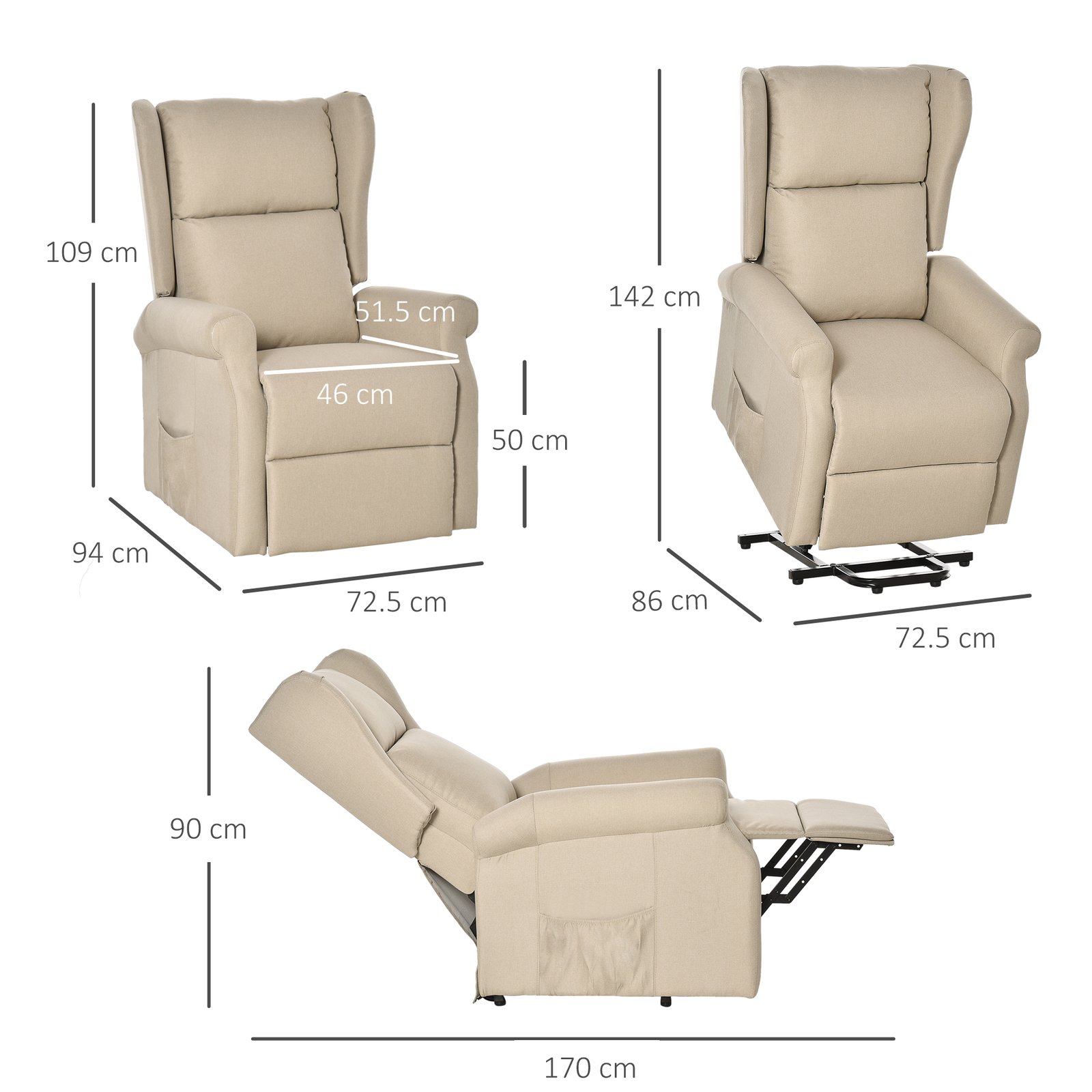 HOMCOM Power Lift Recliner Armchair, Electric Lift Chair for Elderly, Fabric Riser and Reclining Chair with Remote Control, Side Pockets, Extended Footrest, for Living Room, Beige - Image 3