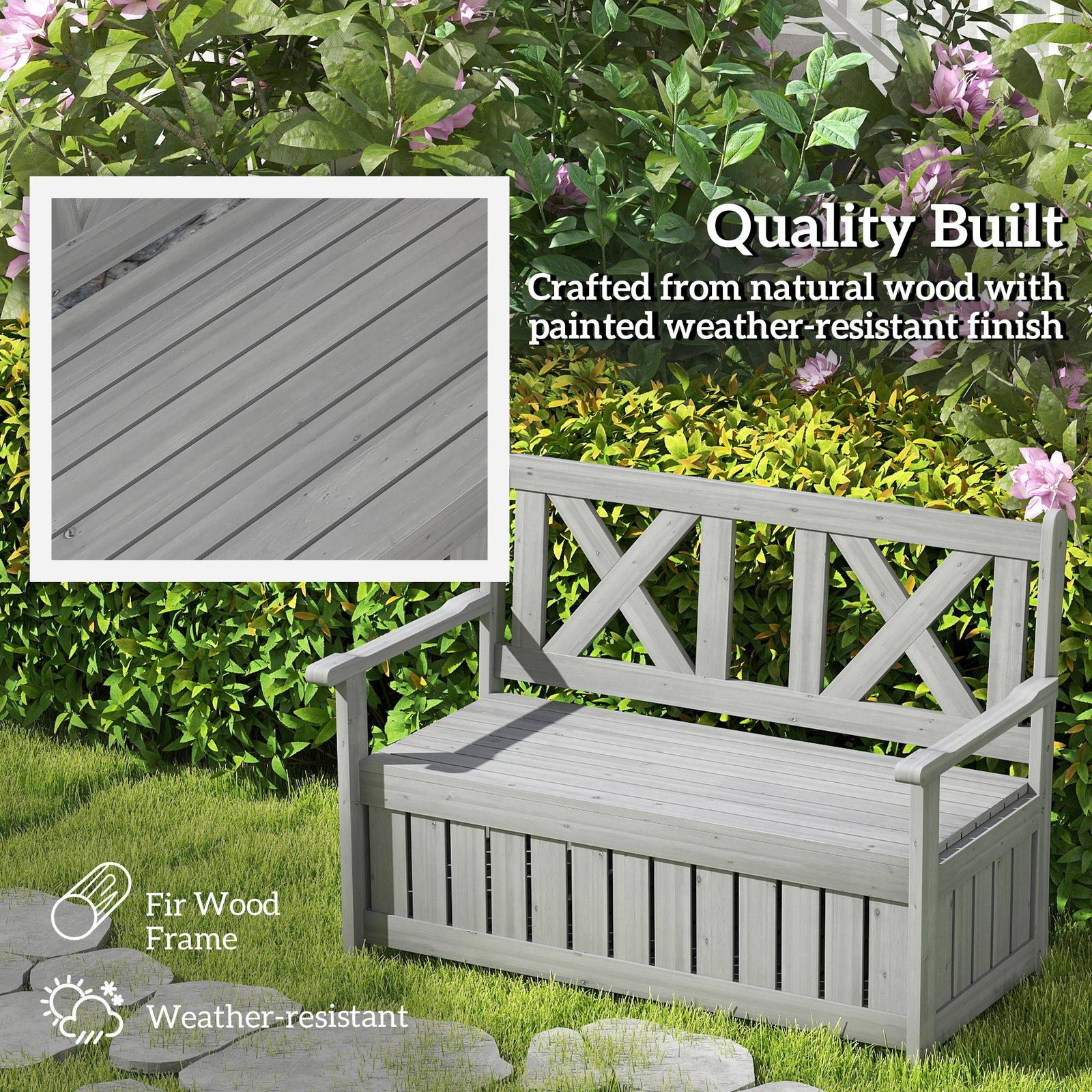 Outsunny 2-Seater Garden Storage Bench for Patio Wood Porch Decor Outdoor Seating, Charcoal Grey - Image 6