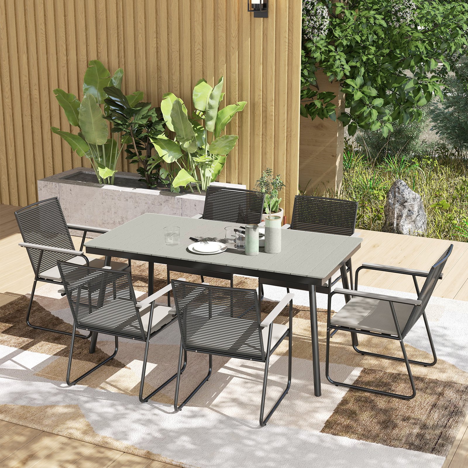 Outsunny 6 Seater Garden Dining Set with Soft Cushions, Rattan Backrest, Rectangular Plastic Top, Garden Furniture Set, Outdoor Dining Table and Chairs for Patio, Balcony, Poolside, Grey - Image 2