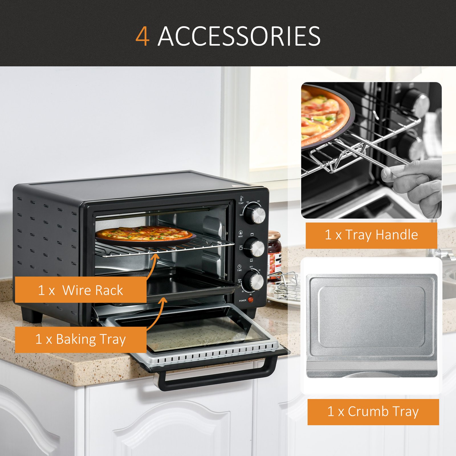 HOMCOM 21L Mini Countertop Oven, 100°C-230°C Adjustable Temp - Black - Image 6