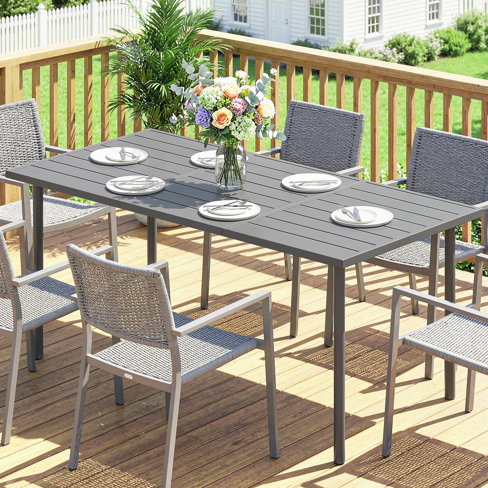 Outsunny Garden Dining Table for 6 Person, 165 x 80 cm Rectangular Outdoor Dining Table with Slatted Top - Image 9
