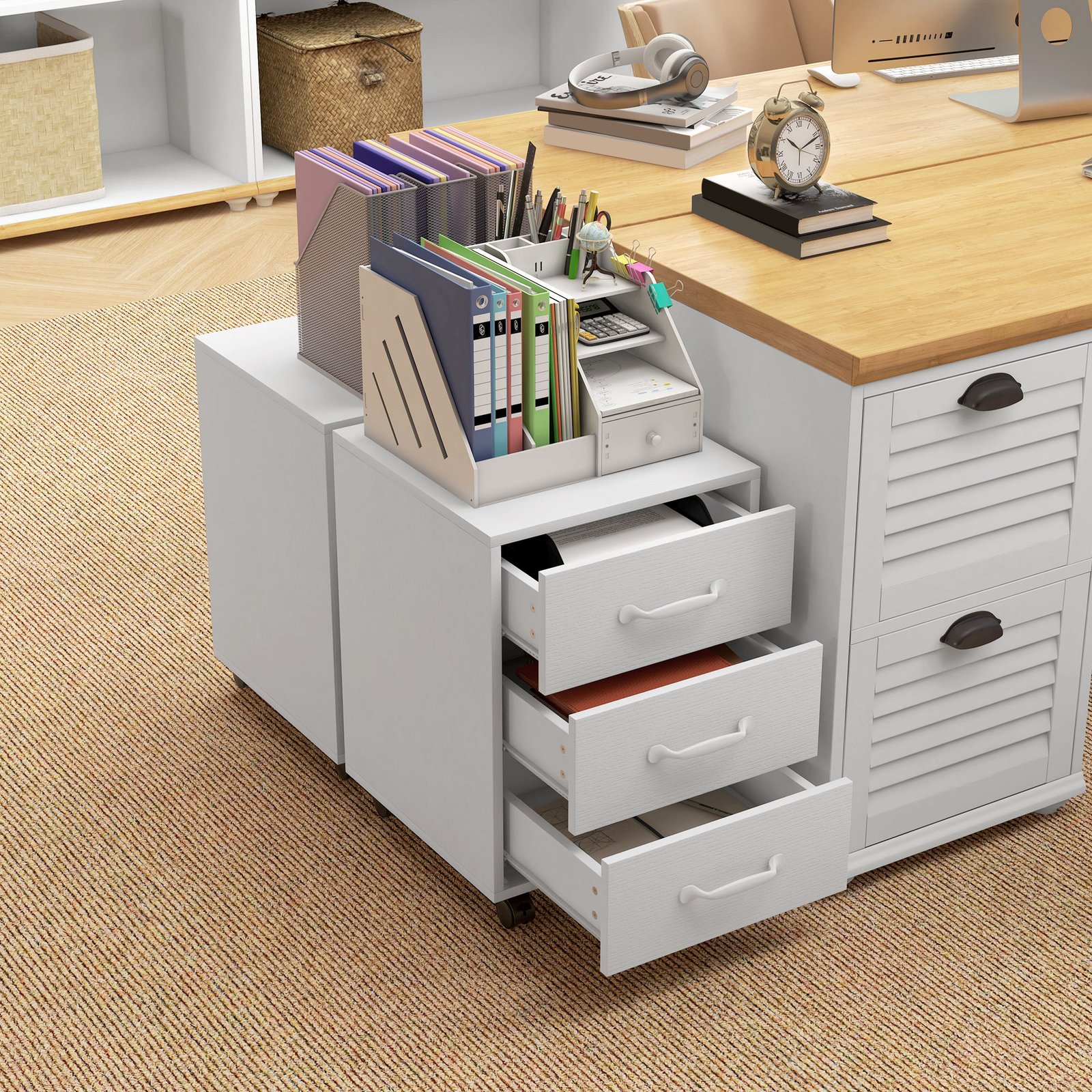 HOMCOM 3 Drawer File Cabinet, Mobile Filing Cabinet on Wheels for Home Office, Study, White - Image 7