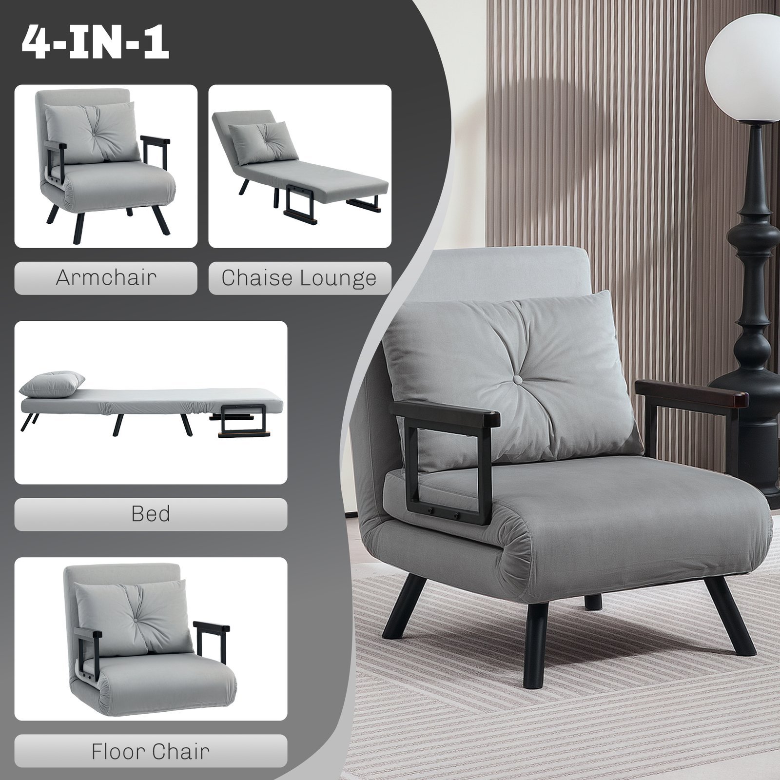HOMCOM 4-in-1 Velvet-Feel Single Chair Bed, with Pillow - Light Grey - Image 4