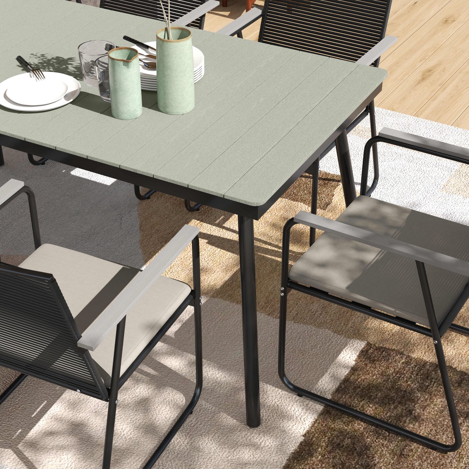Outsunny 6 Seater Garden Dining Set with Soft Cushions, Rattan Backrest, Rectangular Plastic Top, Garden Furniture Set, Outdoor Dining Table and Chairs for Patio, Balcony, Poolside, Grey - Image 7