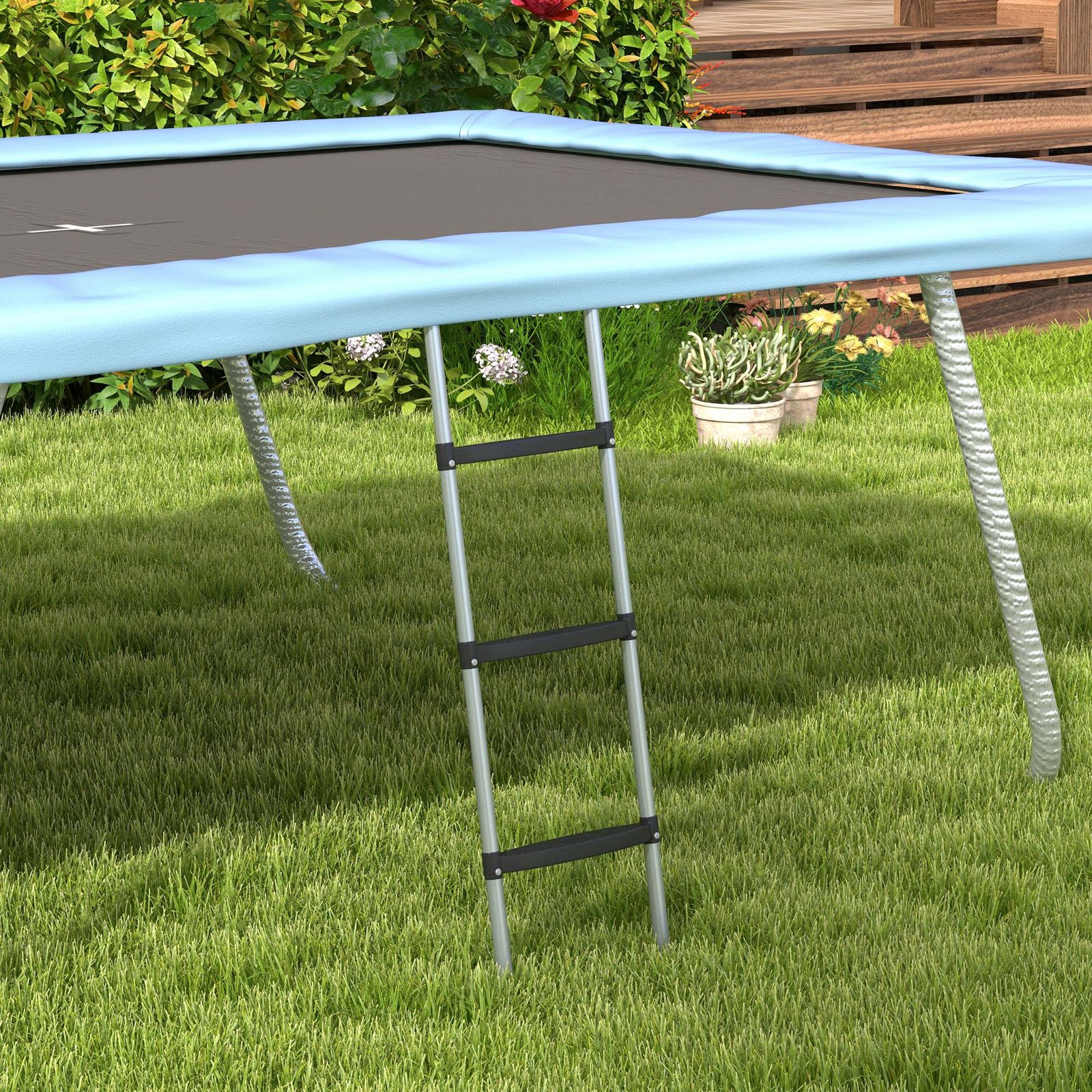SPORTNOW Galvanised Steel Trampoline Ladder, 2 Steps/3 Steps Outdoor Trampoline Accessories for 6ft, 8ft, 10ft, 12ft, 13ft, 14ft, 16ft Trampoline, 110L x 32Wcm, Silver Tone - Image 2