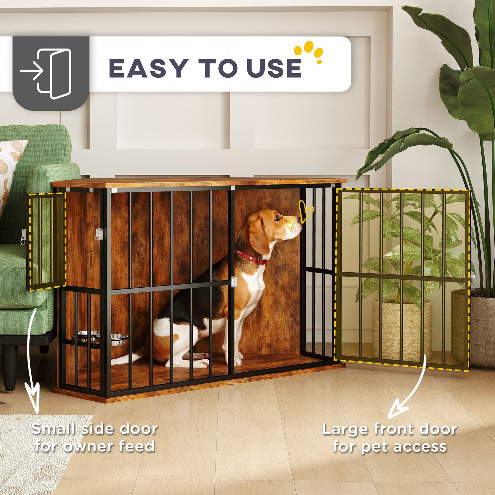 PawHut Corner Dog Crate Furniture with Two Bowls, Lockable Doors, for Small, Medium Dogs, Rustic Brown - Image 6