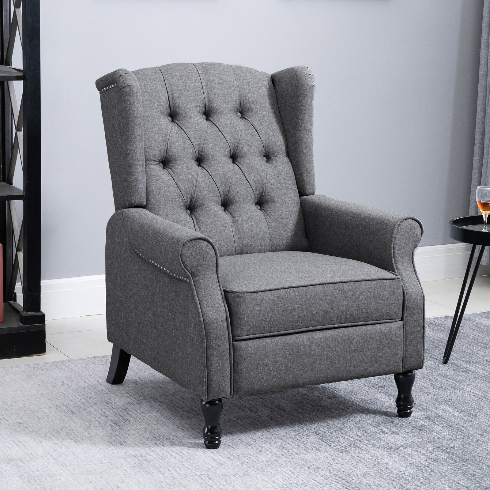 HOMCOM Recliner Armchair, Vintage Reclining Chair with Nail Head Trim, Wingback Chair with Button Tufted Back and Footrest, for Living Room, Grey - Image 2