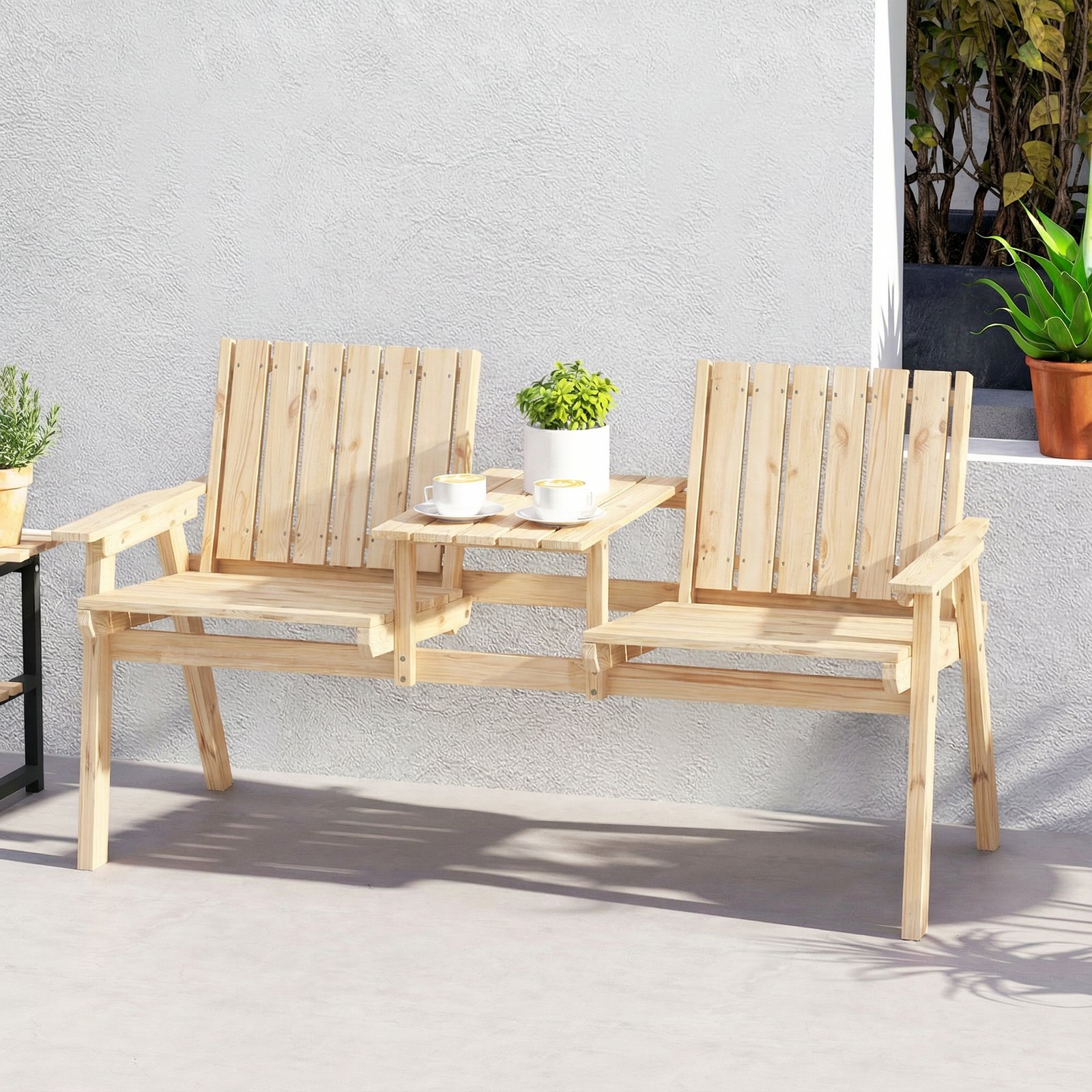 Outsunny 2-Seater Garden Loveseat with Table and Parasol Hole for Porch, Patio, Natural Wood Finish - Image 8