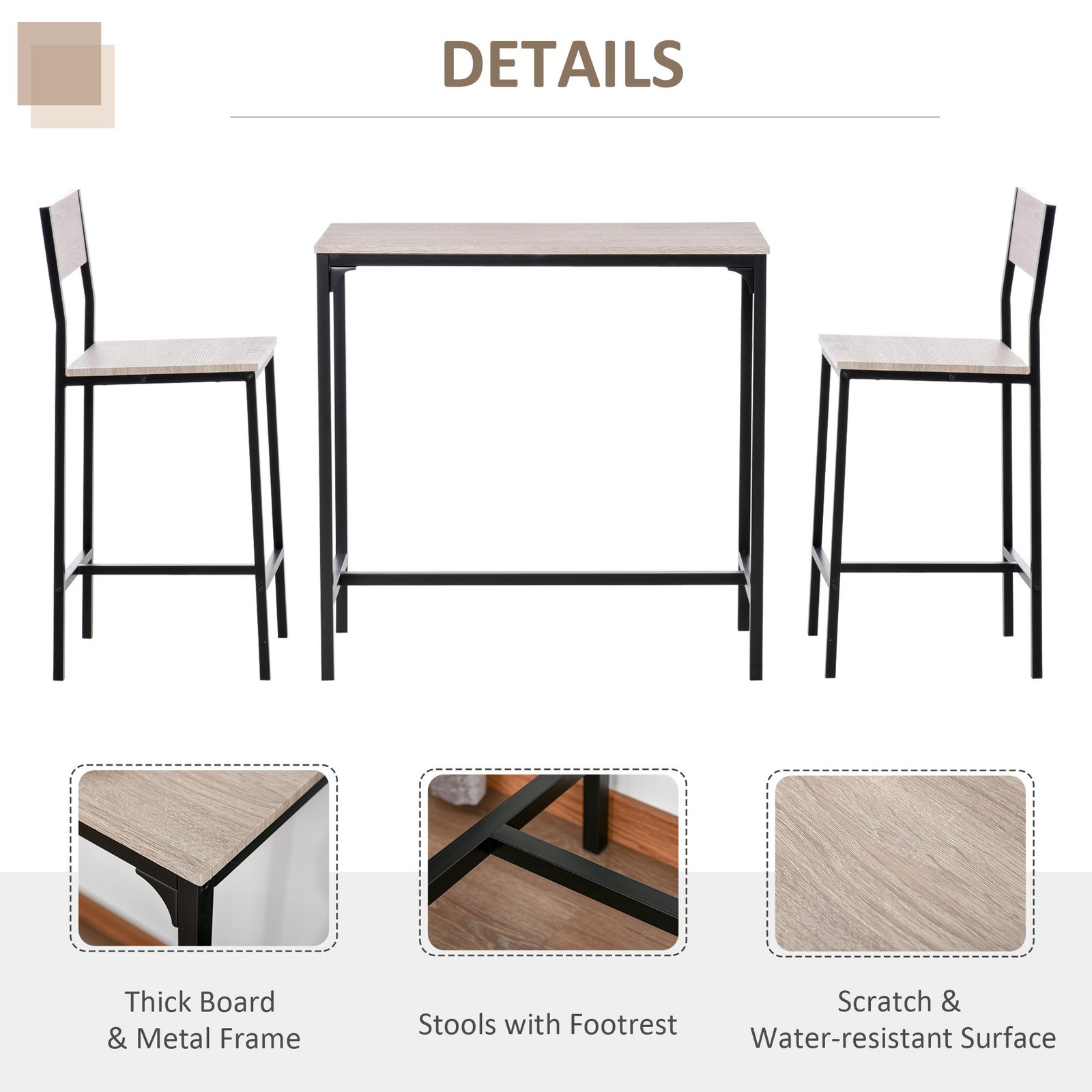 HOMCOM 3-Piece Bar Table Set with 2 Stools, Industrial Breakfast Bar Set with Footrest, Backrest for Dining Room, Small Space - Image 4