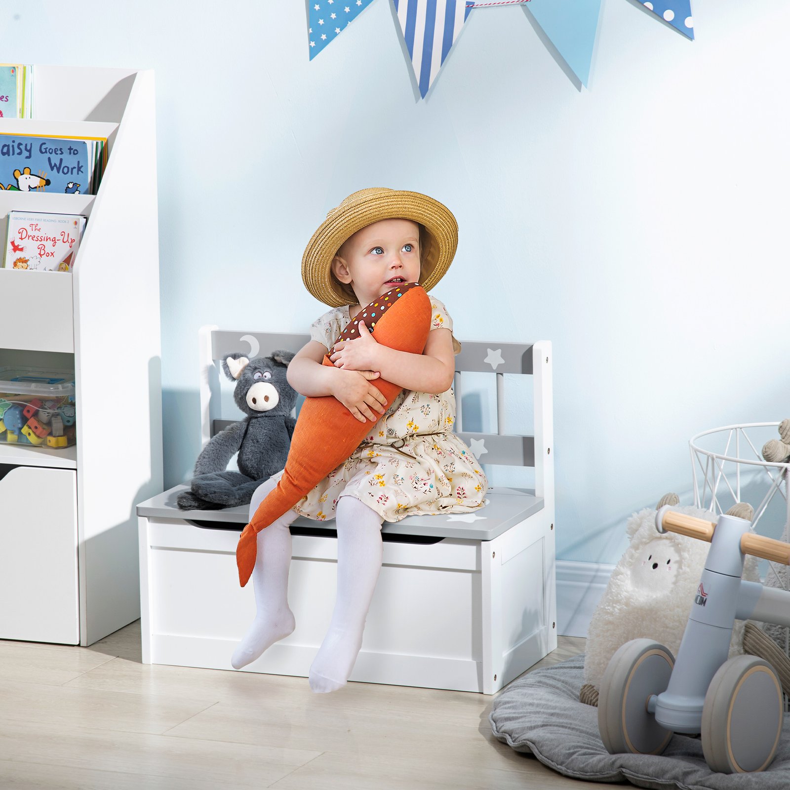 ZONEKIZ 2 In 1 Kids Storage Bench, Toy Box w/ Safety Rod - Grey - Image 2