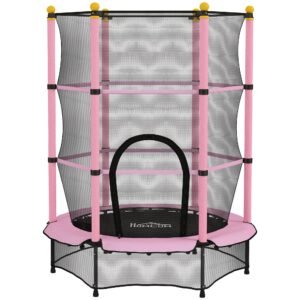 HOMCOM 4.6FT/55" Kids Trampoline with Enclosure Net, Outdoor Indoor Use, for Ages 3-10 Years, Pink