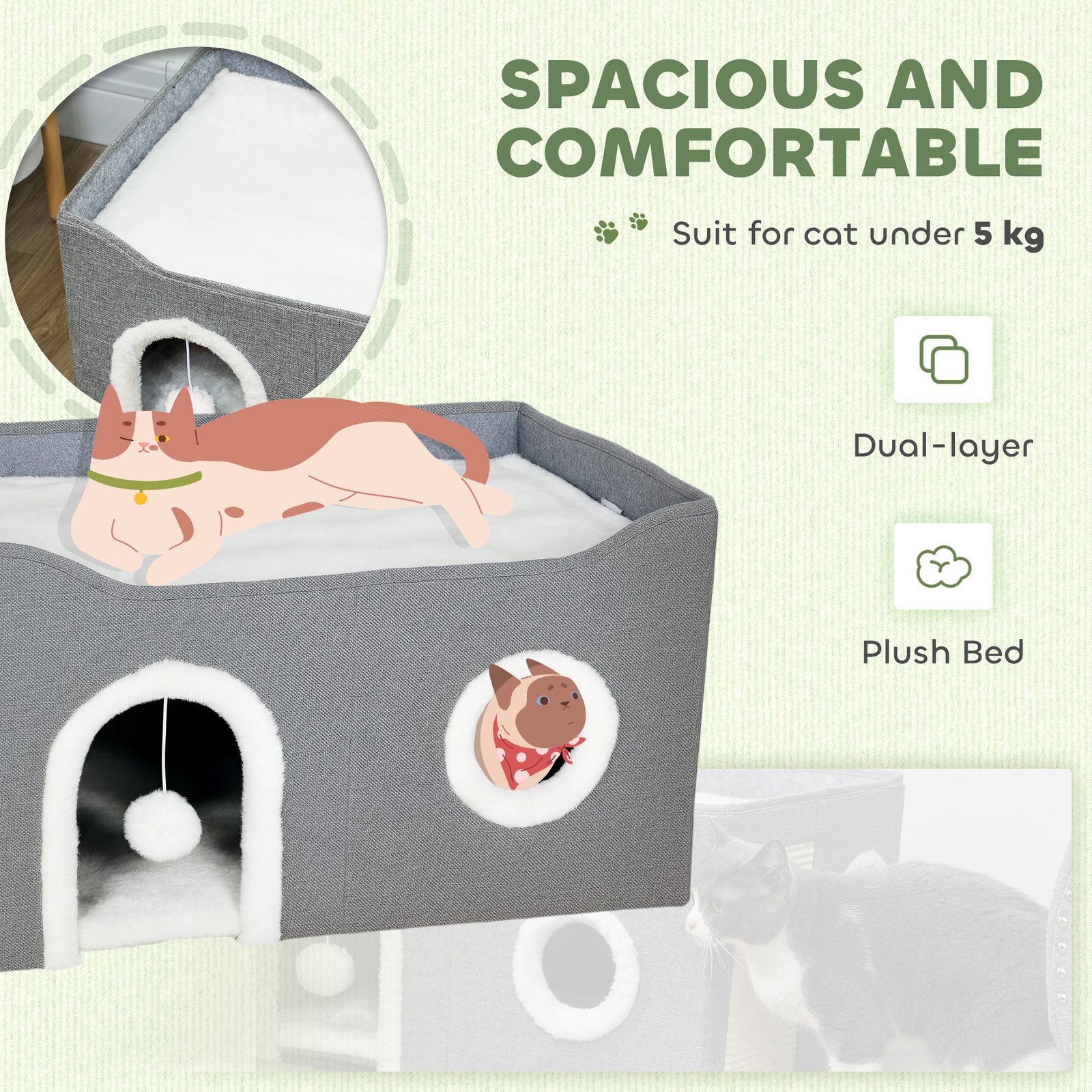 PawHut Cat Bed for Indoor Pets, Foldable Cat House with Fluffy Ball and Scratch Pad for Small and Medium Pets, Grey - Image 6