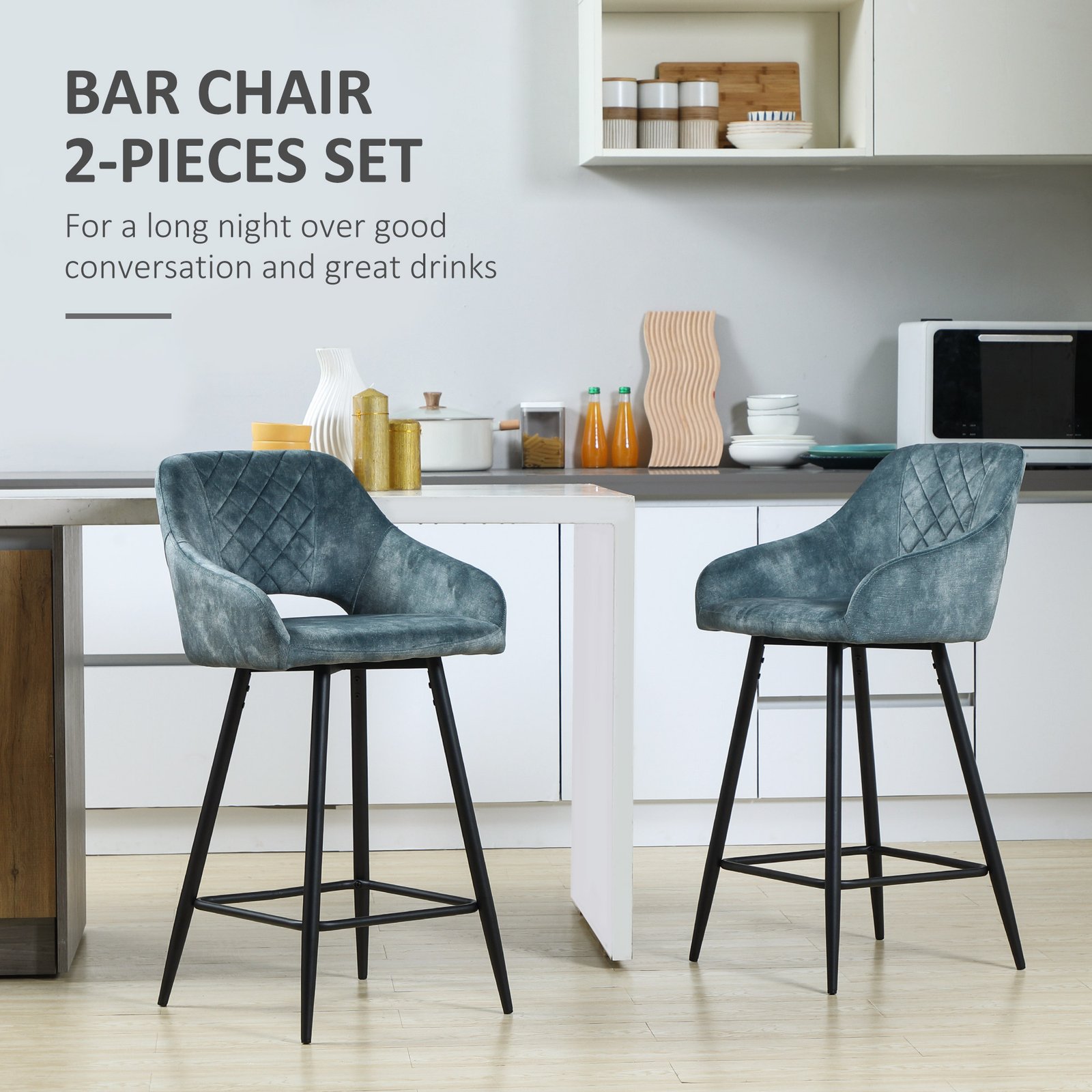 HOMCOM Bar Stools Set of 2, Velvet-Touch Fabric Counter Height Bar Chairs, Kitchen Stools with Steel Legs for Dining Area, Kitchen Island Barstools, Blue - Image 4