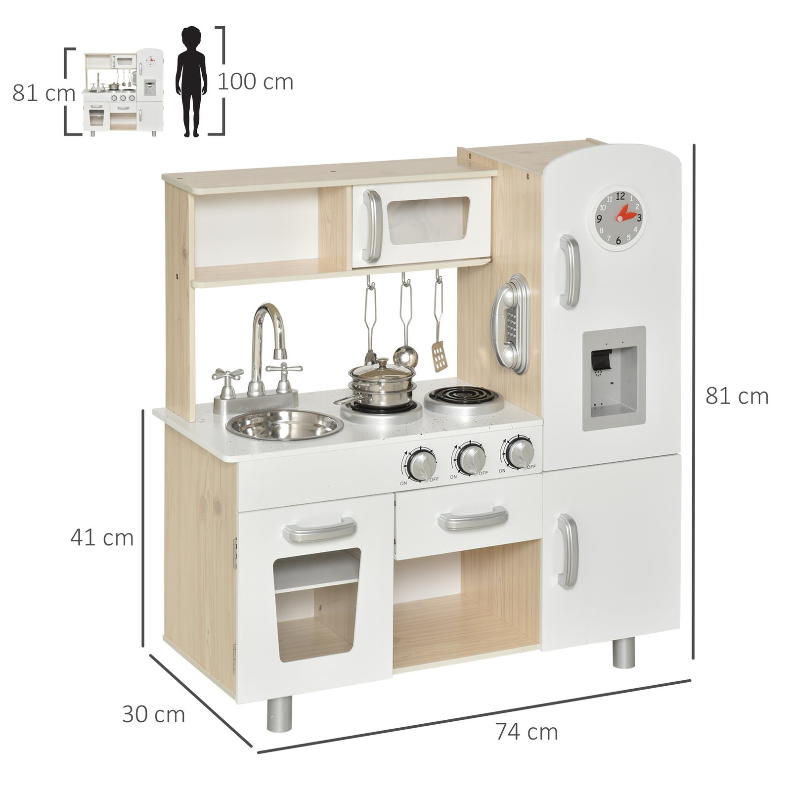 HOMCOM Kids Wooden Pretend Play Toy Kitchen Cooking Set Role Play Phone for Boys Girls White - Image 3