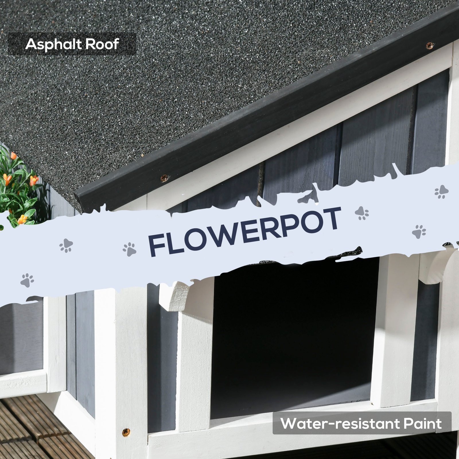 PawHut Wooden Cat House with Flower Pot, Windows, Multiple Entrances, Water-Resistant Roof for Outdoor - Grey - Image 6