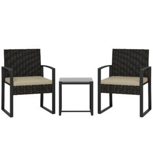 Outsunny Rattan Bistro Set, 3 Piece Garden Furniture Set with Glass Top Table and Cushions, Khaki