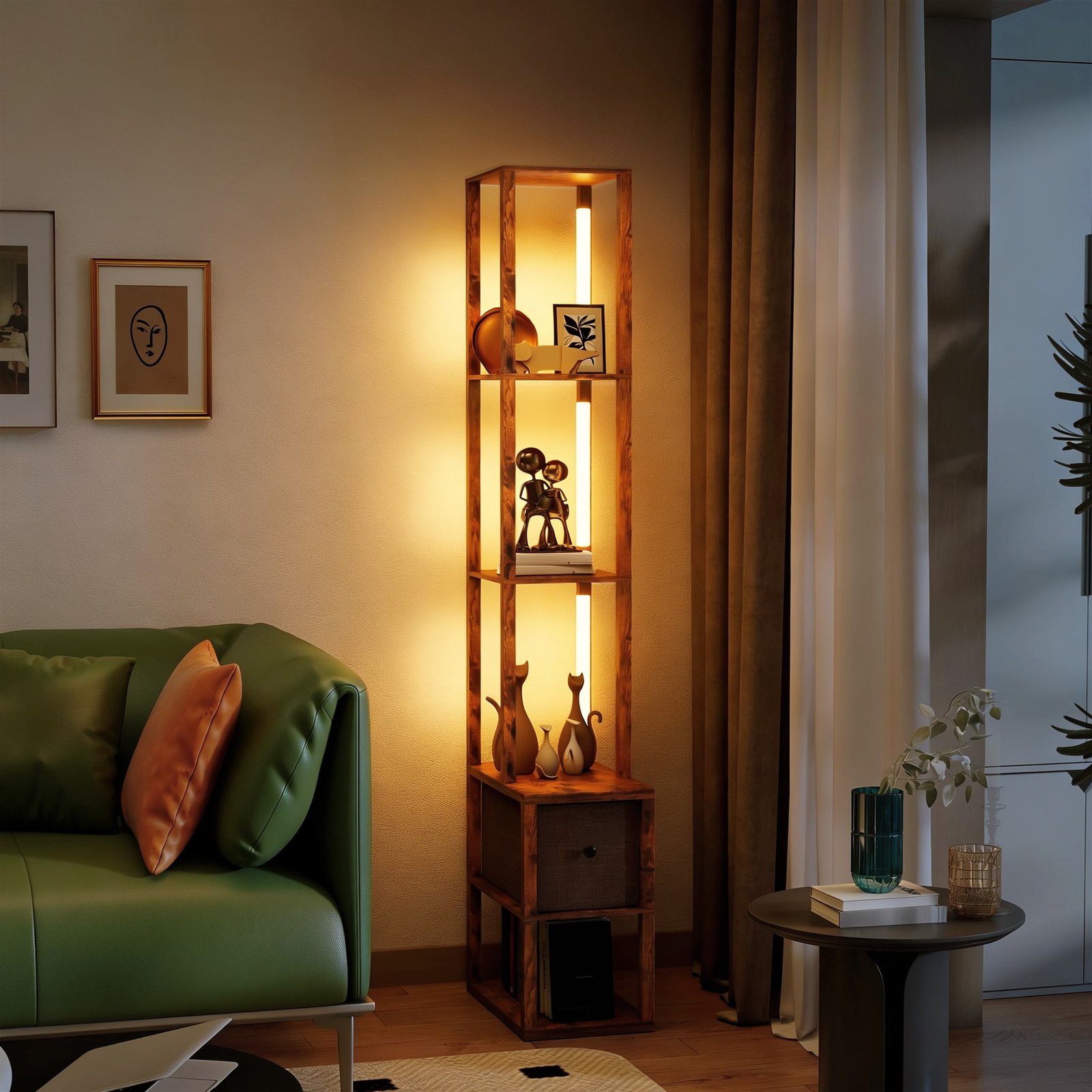 HOMCOM Floor Lamp with Shelves, LED Column Modern Standing Lamp with Fabric Drawer, Adjustable Brightness, Foot Switch for Living Room, Bedroom, Office, Rustic Brown - Image 7