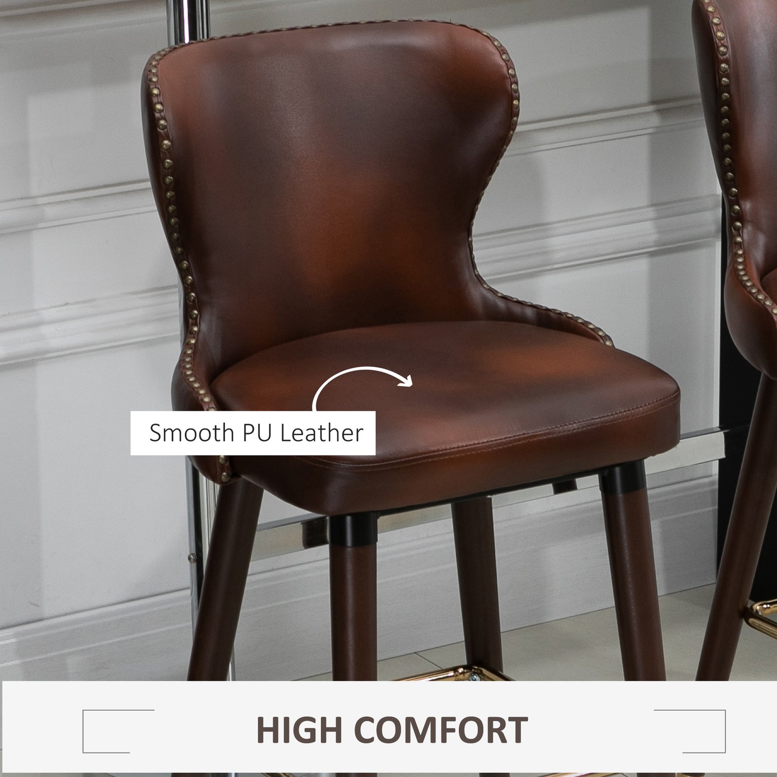HOMCOM Bar Stools Set of 2, PU Leather Barstools with Back, Footrest and Wood Legs for Kitchen, Counter, Breakfast Bar, Brown - Image 6