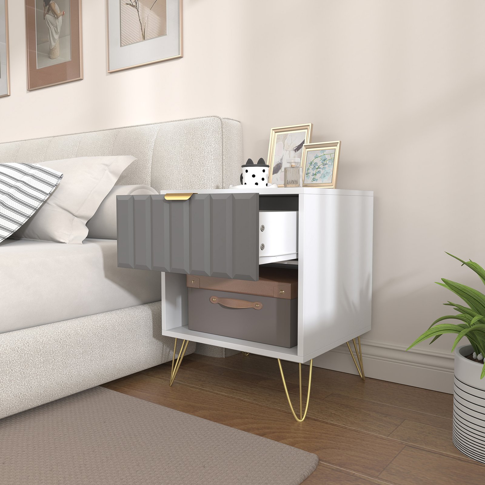 HOMCOM Bedside Table Modern Bedside Cabinet with Drawer and Open Compartment, 45 x 40 x 55, White - Image 8