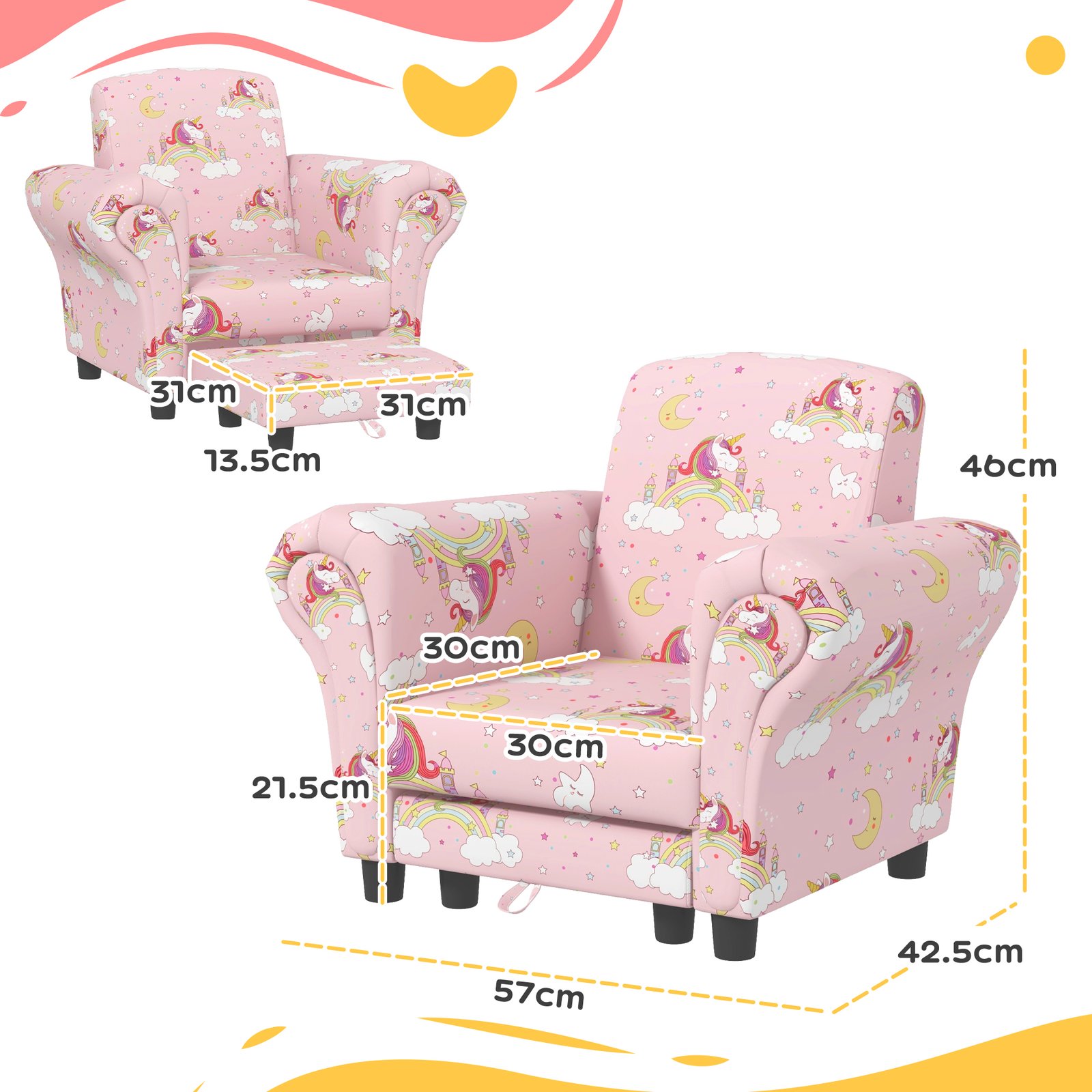 AIYAPLAY 2 Piece Kids Sofa Set with Unicorn Design, Wooden Frame, for 1.5-3 Years Old, Pink - Image 3