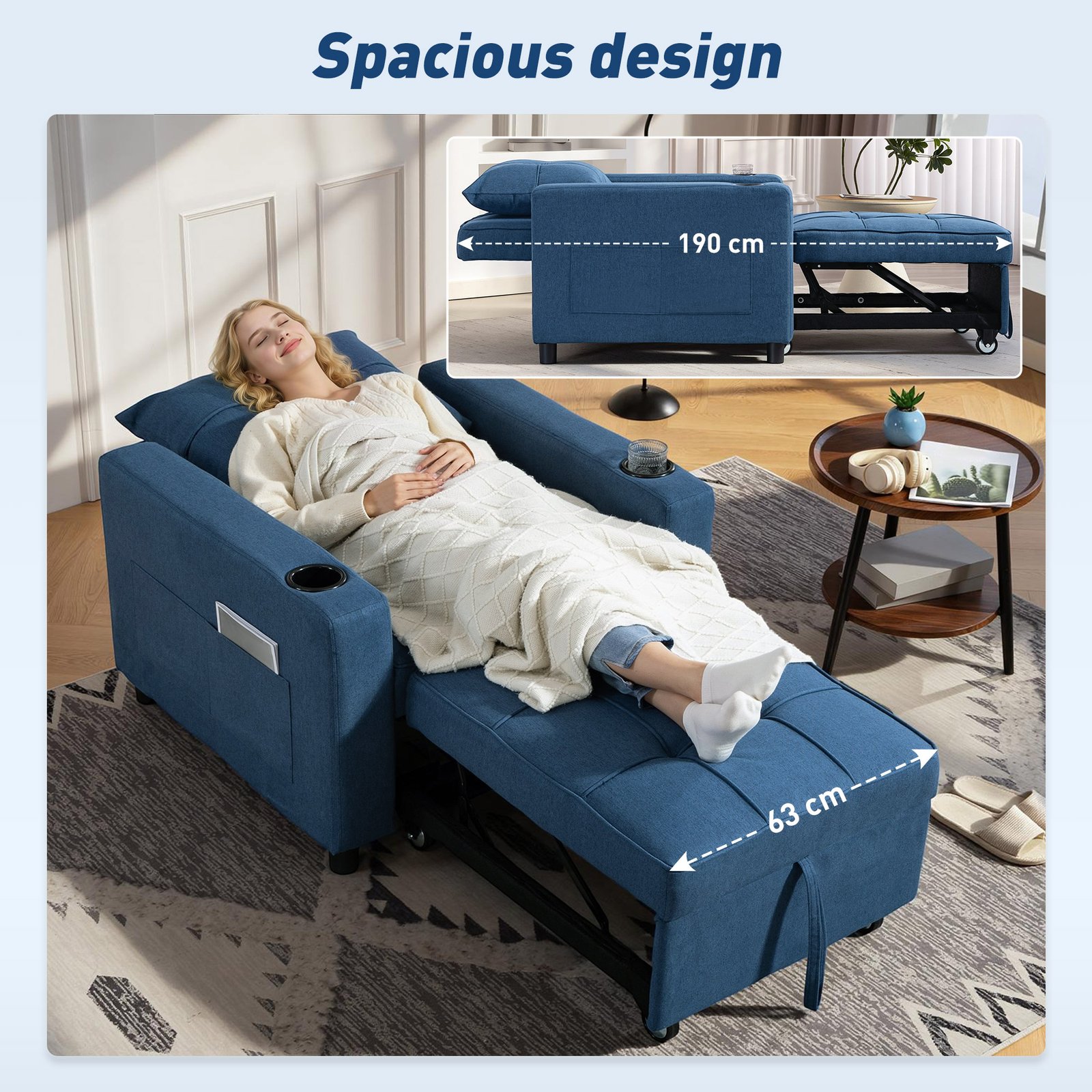 HOMCOM 3-in-1 Single Sofa Bed, Convertible Sleeper Chair Bed with 3-level Adjustable Back - Dark Blue - Image 6
