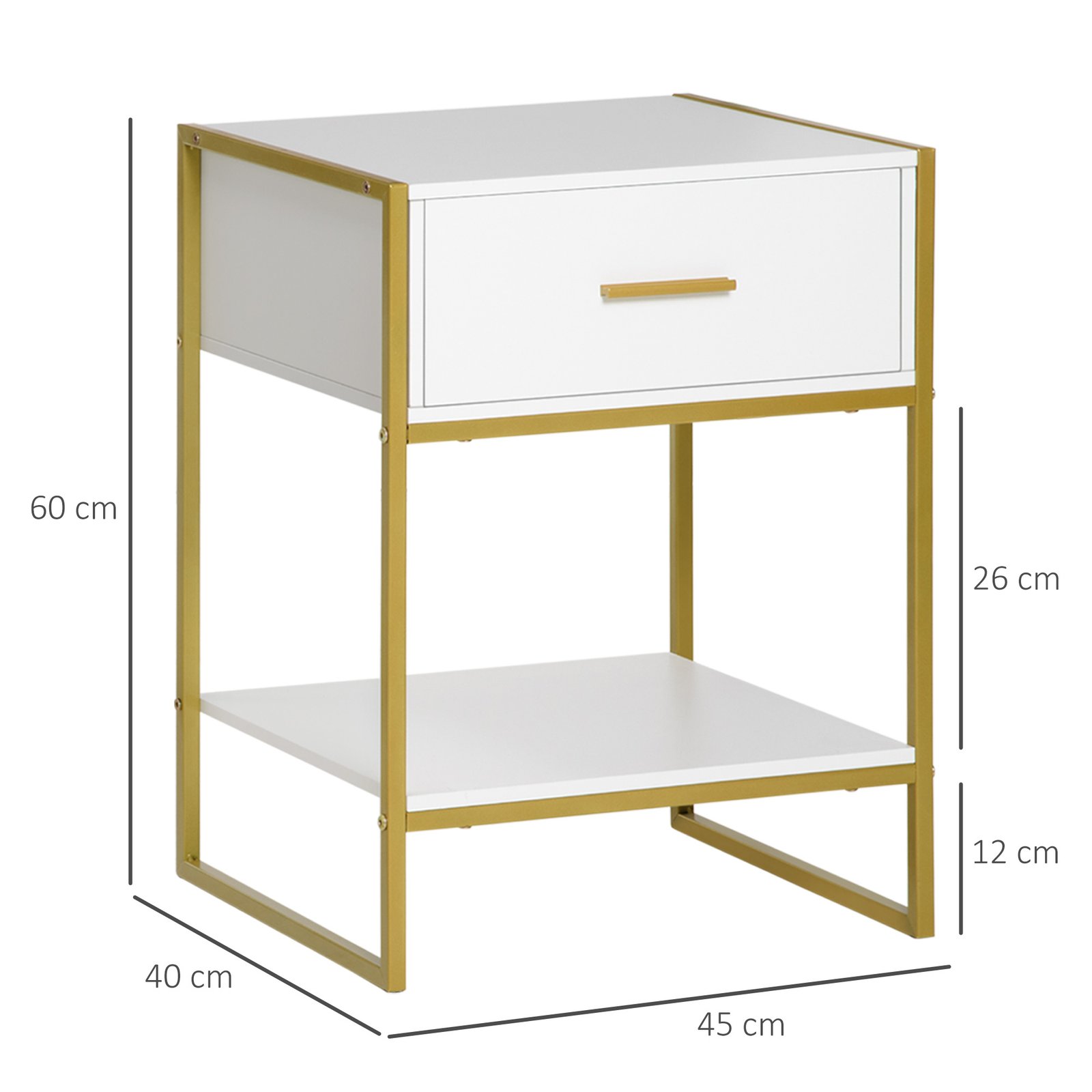 HOMCOM Modern Bedside Table, Nightstand with Drawer Shelf, Side Table for Living room, Bedroom White and Gold, Set of 2 - Image 3