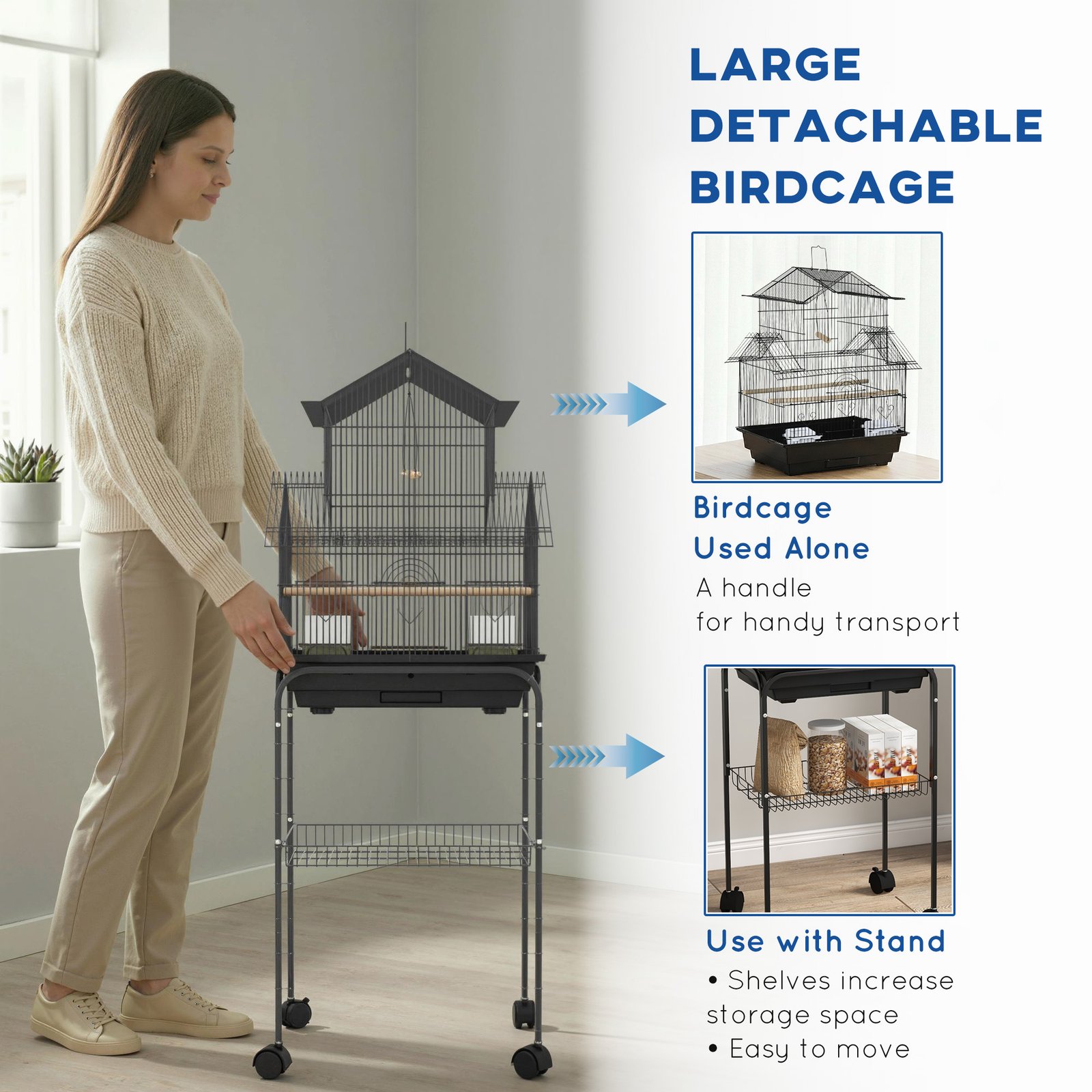 PawHut Metal Bird Cage with Plastic Swing, Perch, Food Container, Tray, Handle, for Finches, Canaries, Budgies, 43.5 x 33 x 121 - Image 8