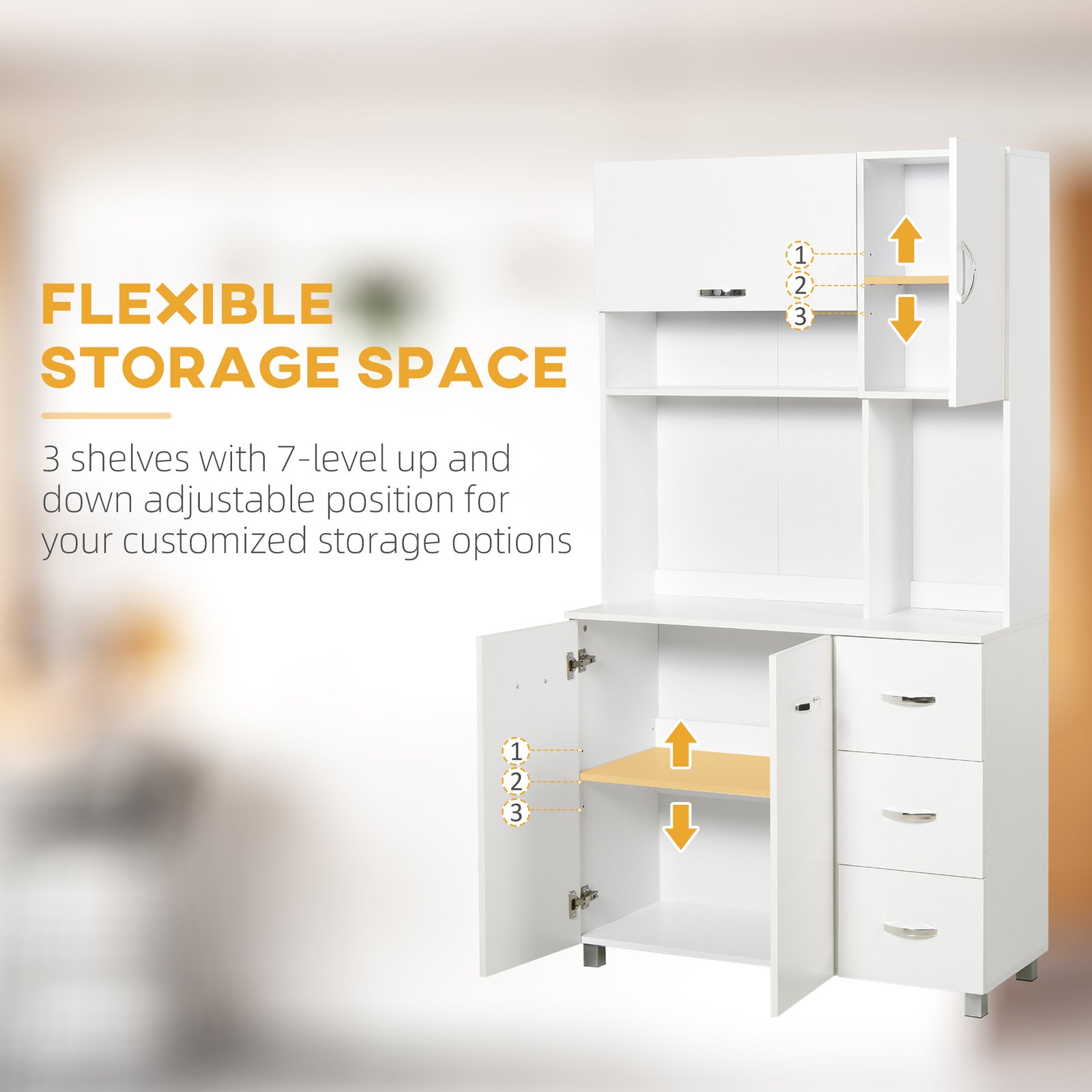 HOMCOM Kitchen Cupboard, 183cm Tall Storage Cabinet with Countertop, Sideboard with 3 Small Drawers, Flip Up Top Door, 3 Cabinet Doors and Open Shelves, 100W x 39.5D x 183.5H cm, White - Image 6