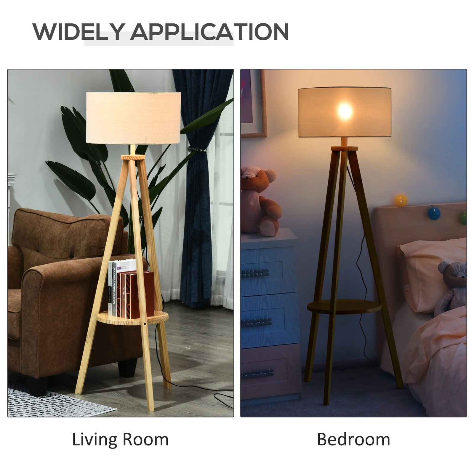 HOMCOM Tripod Floor Lamp, Freestanding Bedside Light Reading Light with Storage Shelf and Linen Shade for Living Room Bedroom, 154cm, Cream - Image 6