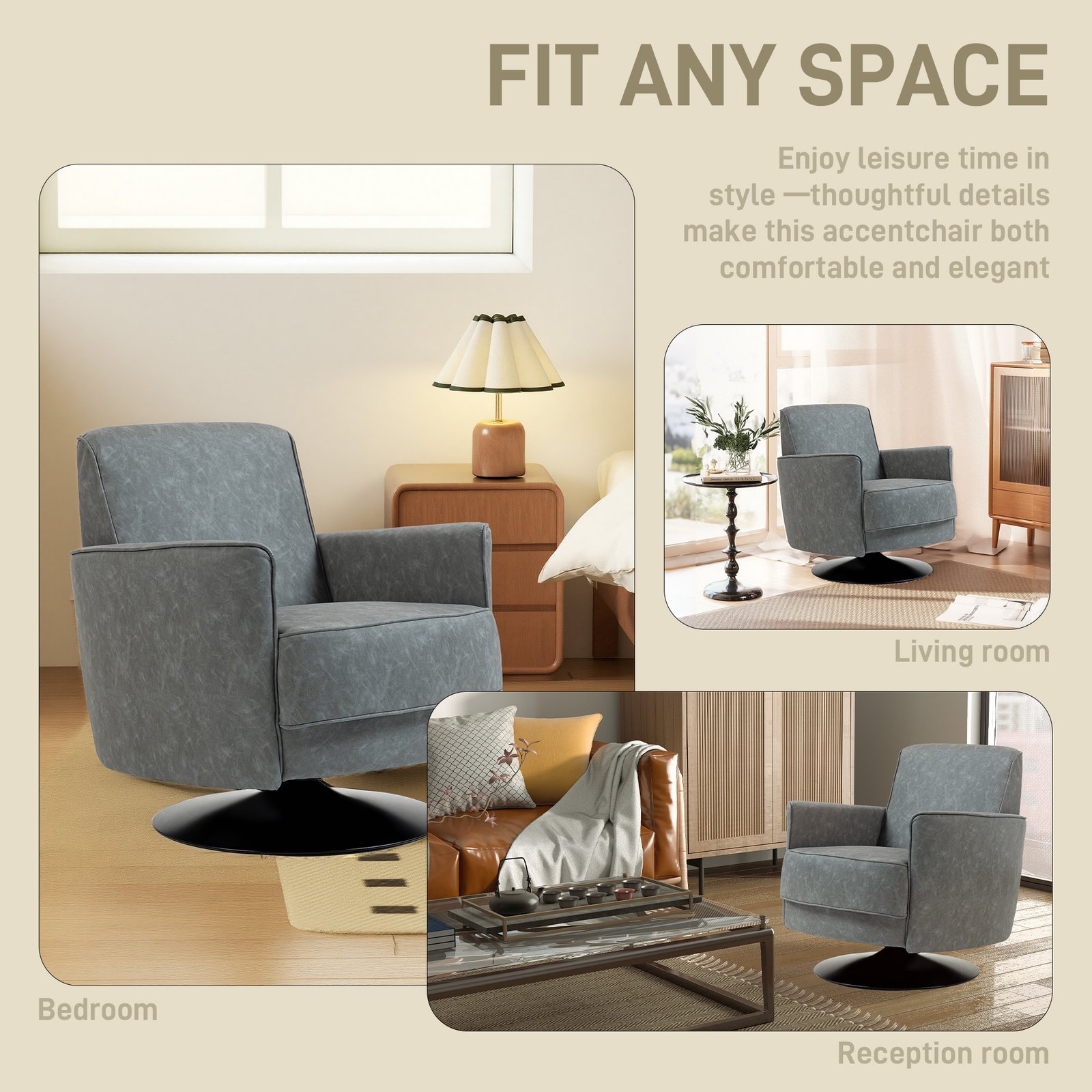 HOMCOM Upholstered Swivel Accent Chair with Thick Padding, Grey - Image 6