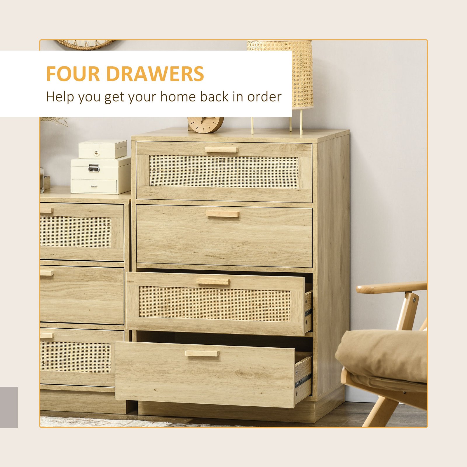 HOMCOM Chest of Four Rattan Weave Panel Drawers - Wood-Effect - Image 4