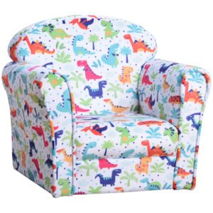 HOMCOM Children's Armchair Flannel Kids Sofa Tub Chair Cartoon Dinosaur Pattern Wooden Frame Bedroom Playroom Seater Multicolour