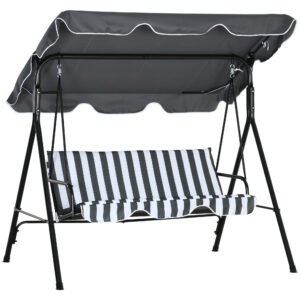 Outsunny 3 Seater Garden Swing Chair, Outdoor Swing Chair with Adjustable Canopy, Mental Frame & Cushions, Grey