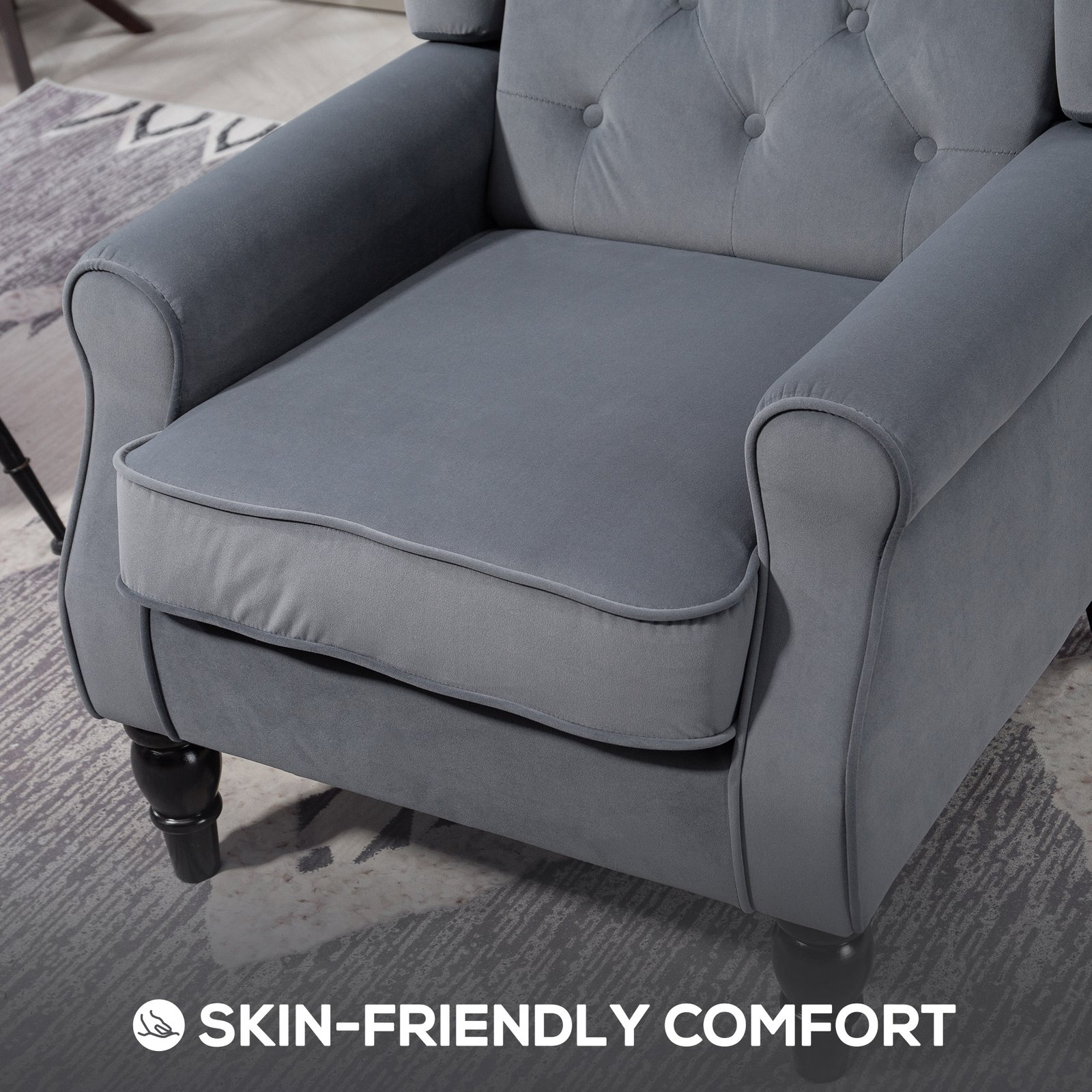 HOMCOM Wingback Accent Chair, Retro Upholstered Button Tufted Occasional Chair for Living Room and Bedroom, Grey - Image 6
