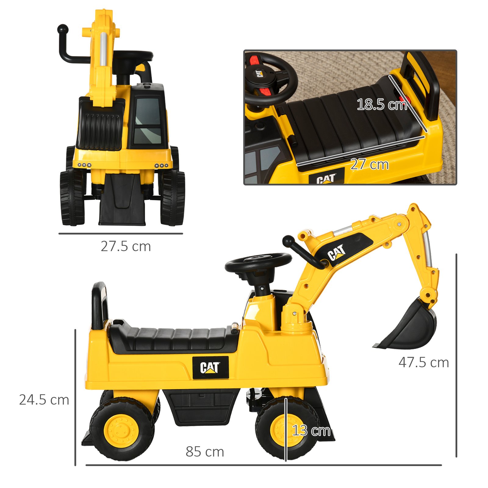 HOMCOM CAT Licensed Kids Ride on Digger Toddler Pretend Construction Play Toy Foot-To-Floor Ride-On Toy w/ Manual Shovel, Horn, Hidden Storage, for Ages 1-3 Years - Image 3