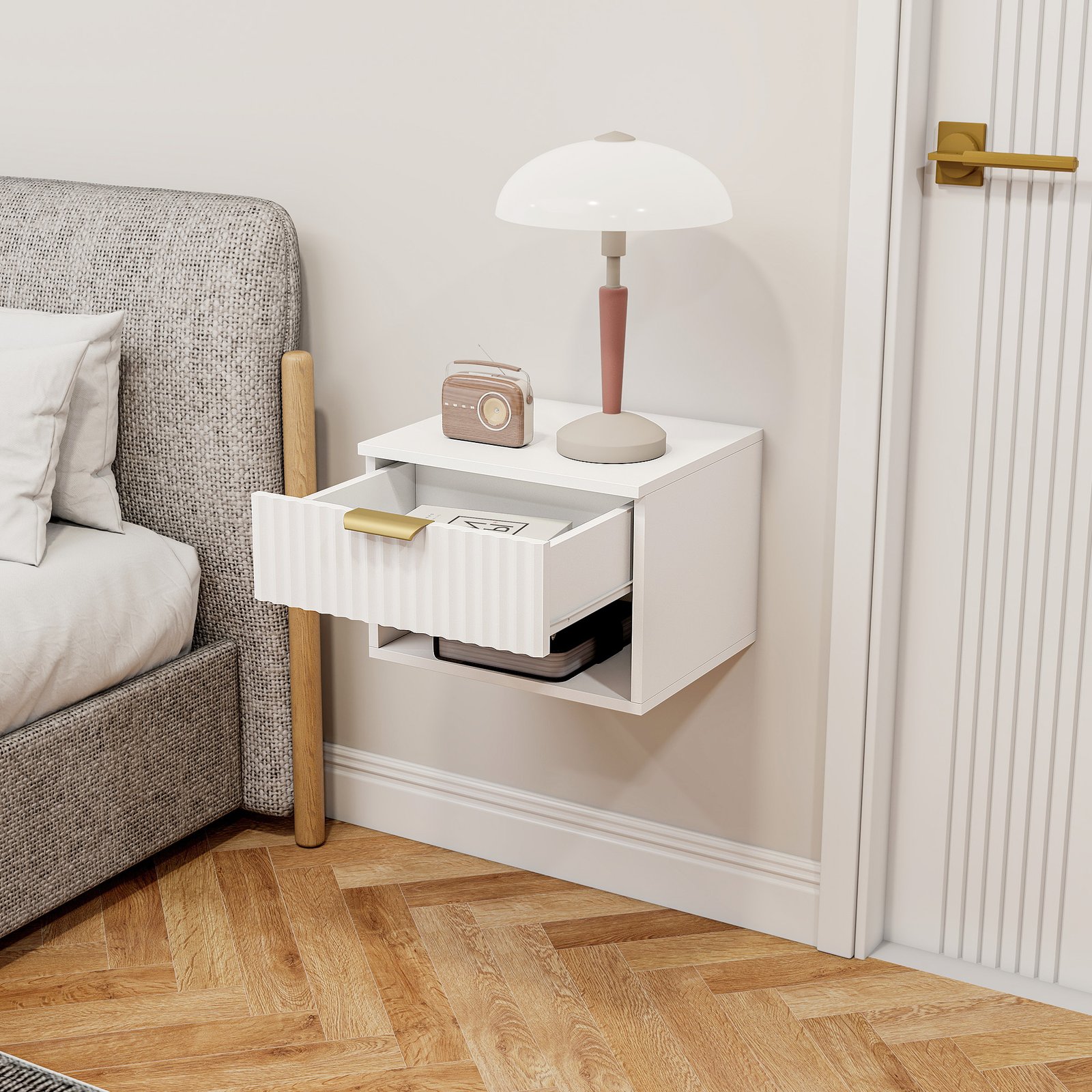HOMCOM Floating Nightstands Set of 2, Modern Wall Mounted Bedside Tables with Fluted Drawer and Open Shelf for Bedroom, White - Image 9