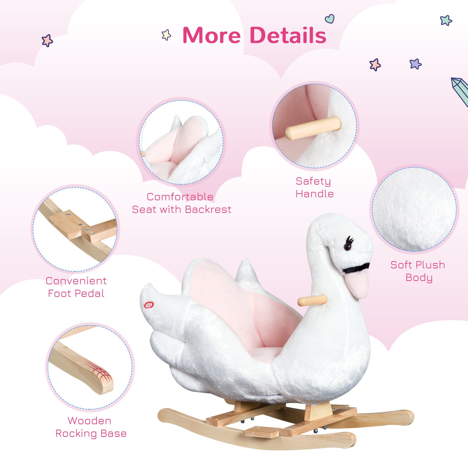 HOMCOM Kids Rocking Horse Plush Ride On Swan Toy w/ Safety Seat for Toddler 18 Months +, White and Pink - Image 7