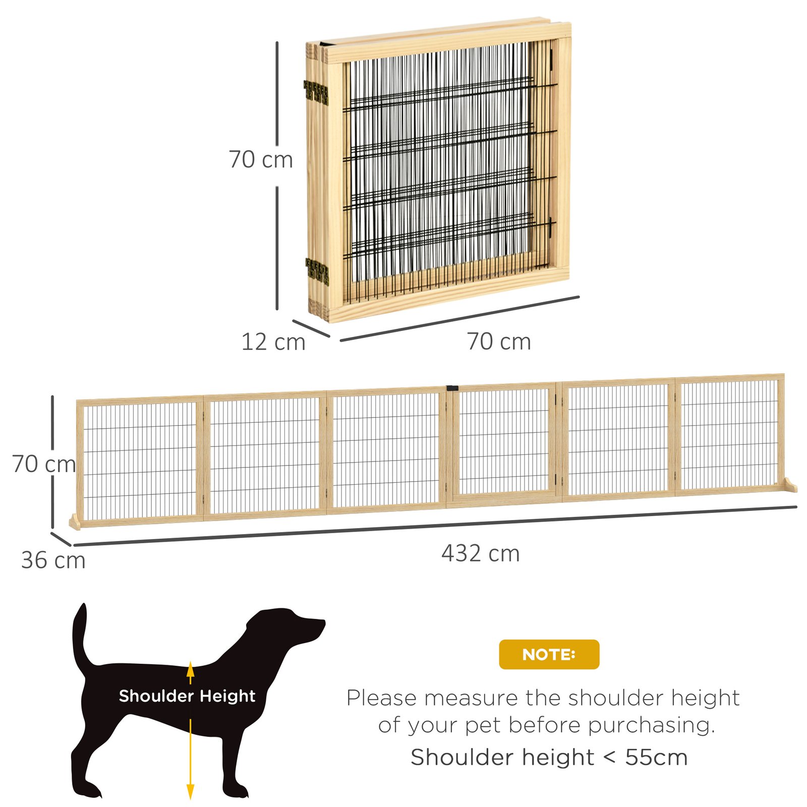 PawHut Wooden Pet Gate, Freestanding Dog Safety Barrier with Two Support Feet - Natural Tone - Image 3