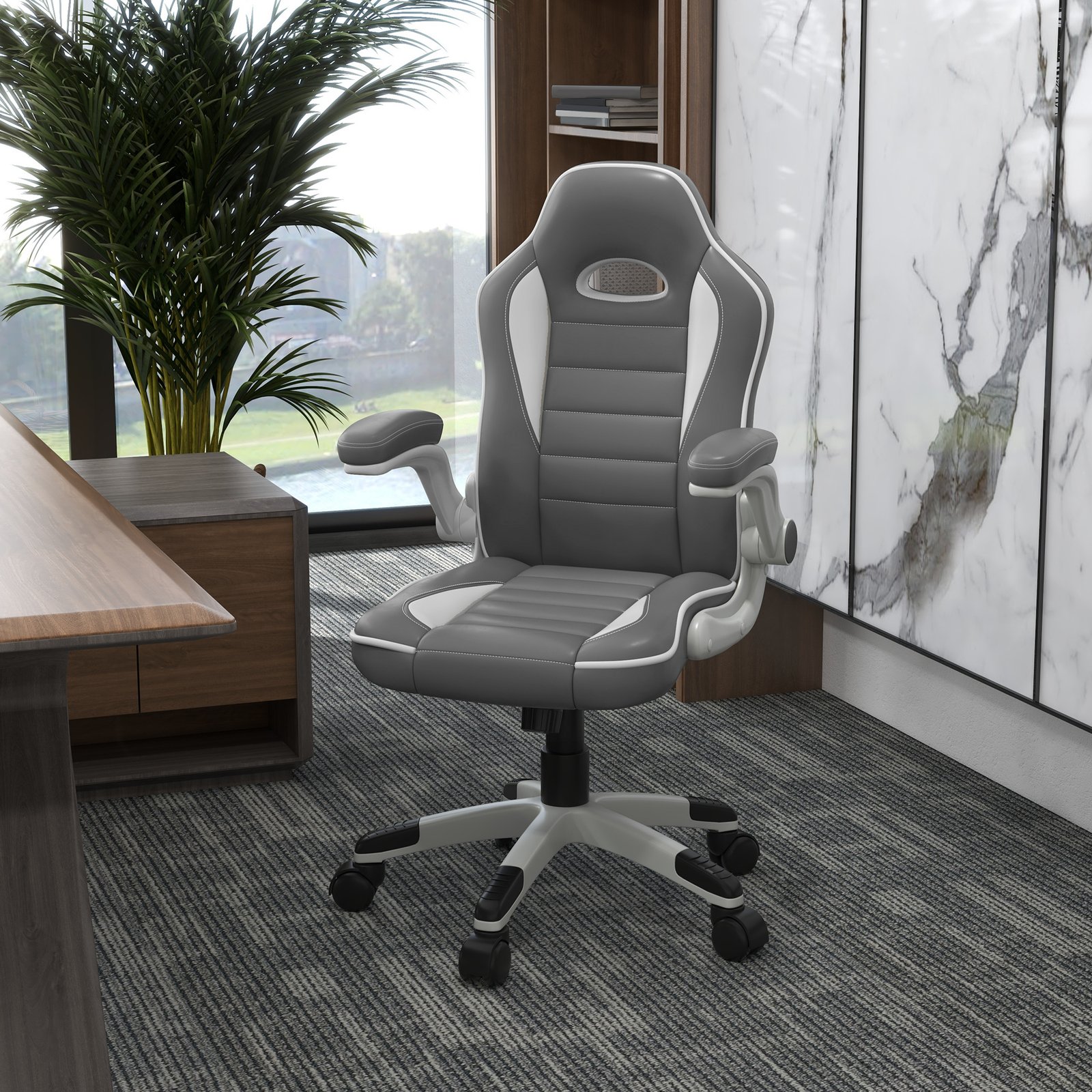 Vinsetto Computer Gaming Chair, Office Desk Swivel Chair, PU Leather Racing Chair with 90° Flip-up Armrest, Adjustable Height and Rolling Wheels, Grey - Image 2