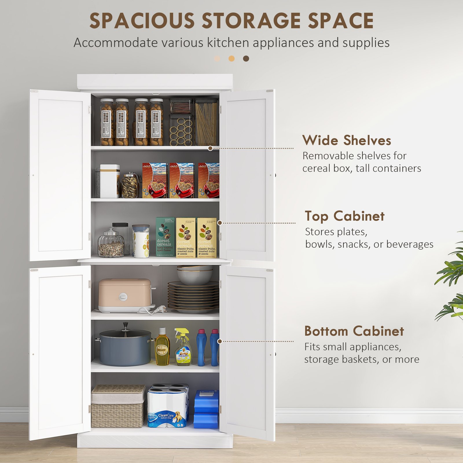 HOMCOM Freestanding Kitchen Cupboard with 4 Doors, Storage Cabinet with 6-Tier Shelving and 4 Adjustable Shelves, White - Image 4