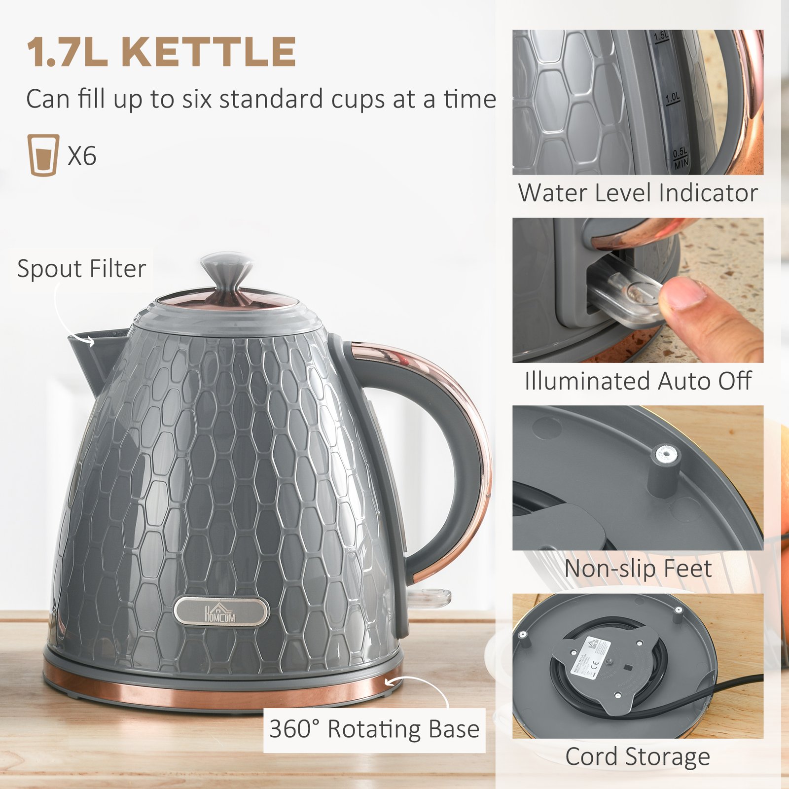 HOMCOM 1.7L 3000W Fast Boil Kettle & 4 Slice Toaster Set, Kettle and Toaster Set with 7 Browning Controls, Crumb Tray, Grey - Image 4