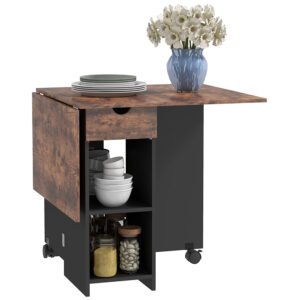 HOMCOM Folding Dining Table, Drop Leaf Table for Small Spaces, Foldable Table with Drawer and Storage Shelves for Kitchen, Dining Room, Rustic Brown