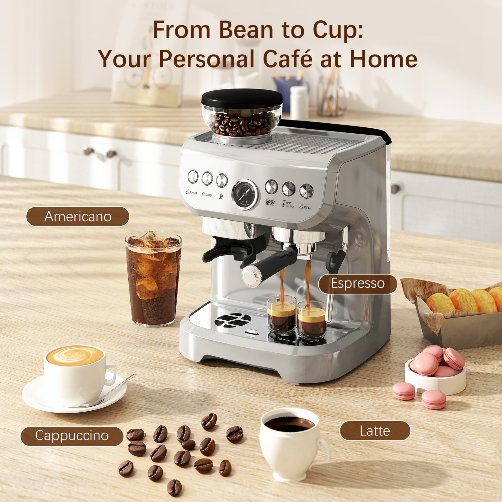 HOMCOM 15 Bar Coffee Machine with 15 Adjustable Grind Setting, Steamer and Complete Kit - Silver Colour - Image 4