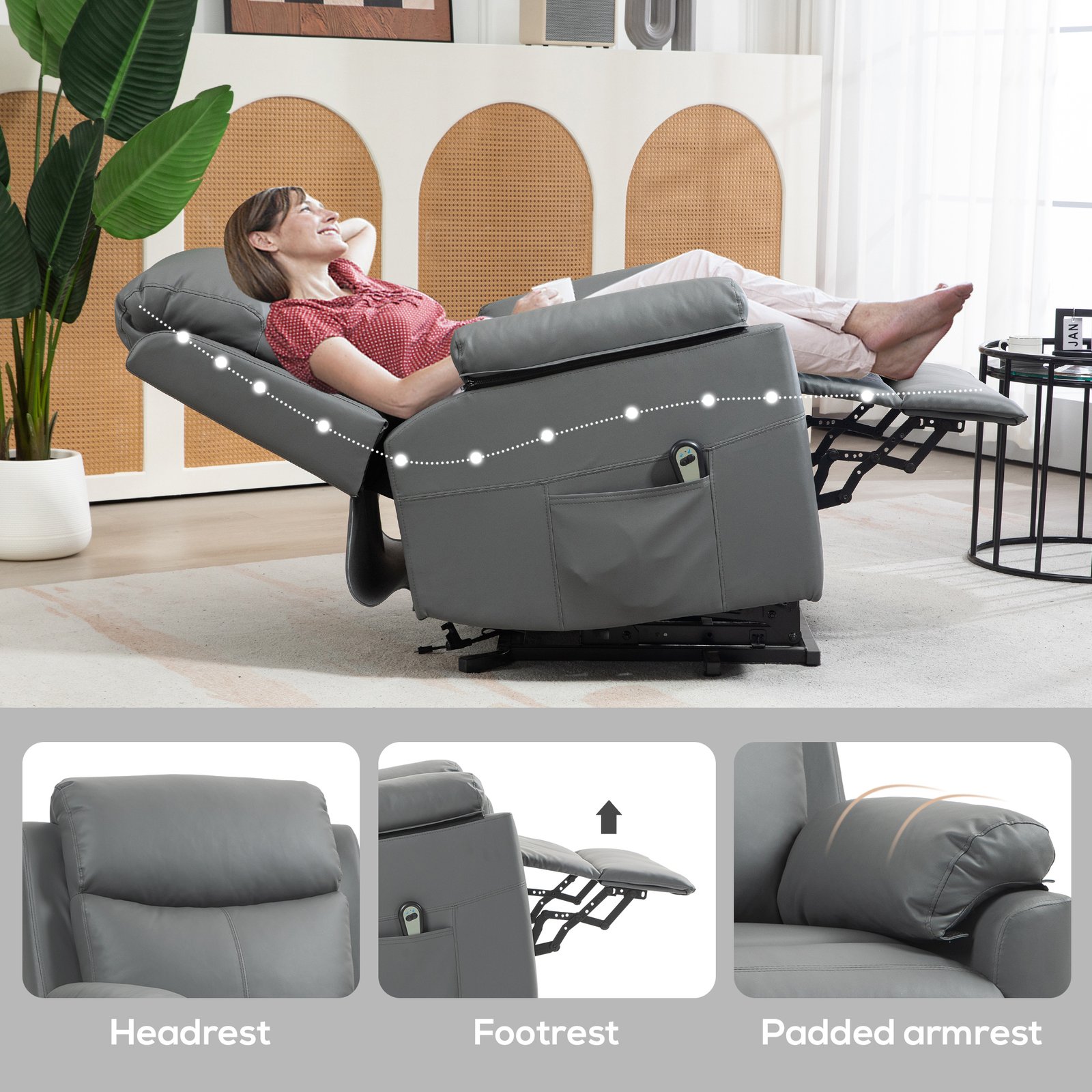 HOMCOM Faux Leather 70° Electric Riser Recliner Chair, Charcoal Grey - Image 6
